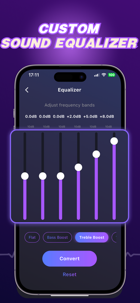 Louder Volume: Sound Booster - Smartphone-Bildschirm, der die benutzerdefinierte Sound-Equalizer-Funktion der Louder Volume App mit verstellbaren Frequenzschiebereglern und Höhen-Boost-Einstellungen zeigt.