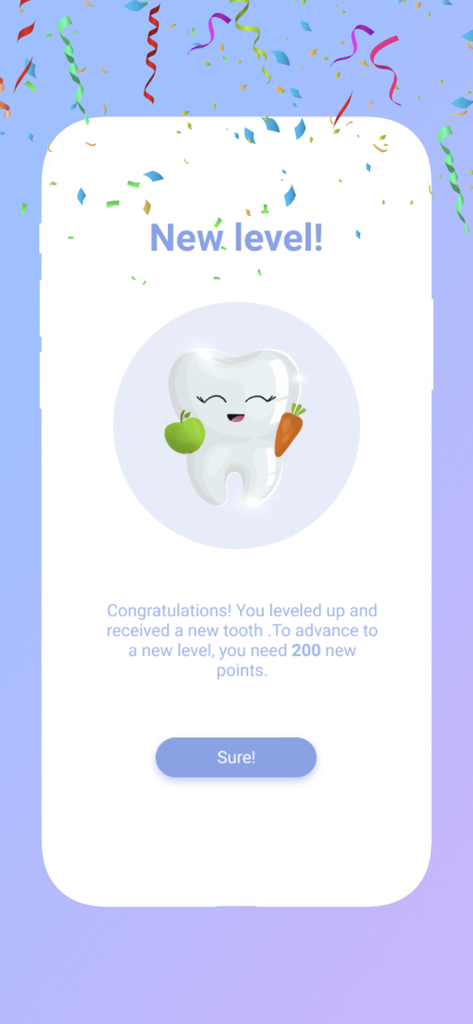 Toothie: Toothbrush Timer App - Toothie app screen showing a new level achievement with a happy cartoon tooth character