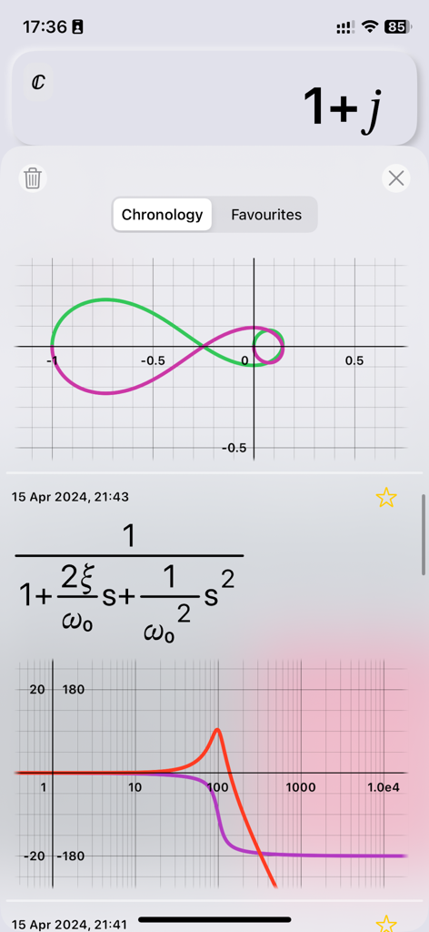 Bode Plot Calculator app displaying a Nyquist plot and a transfer function with a Bode diagram