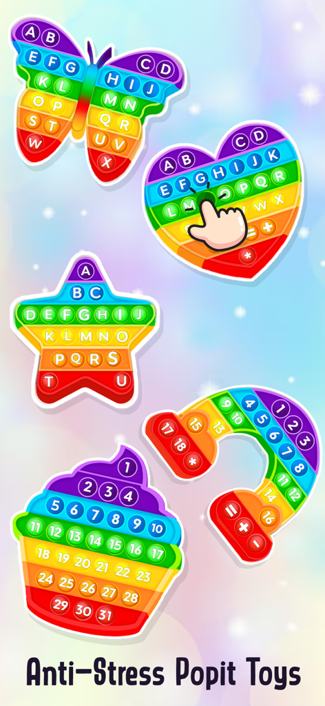 Princess Carphone Doll Games - Colorful rainbow anti-stress popit toys in butterfly heart star and cupcake shapes with letters and numbers