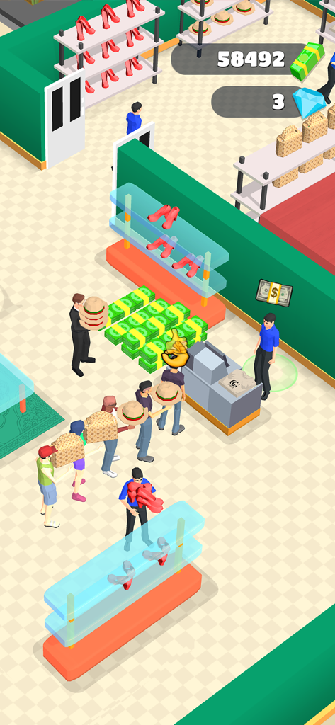 My Shopping Rush: Manage Mall - Clientes na fila em um balcão de checkout em um jogo de simulação de gestão de shopping.