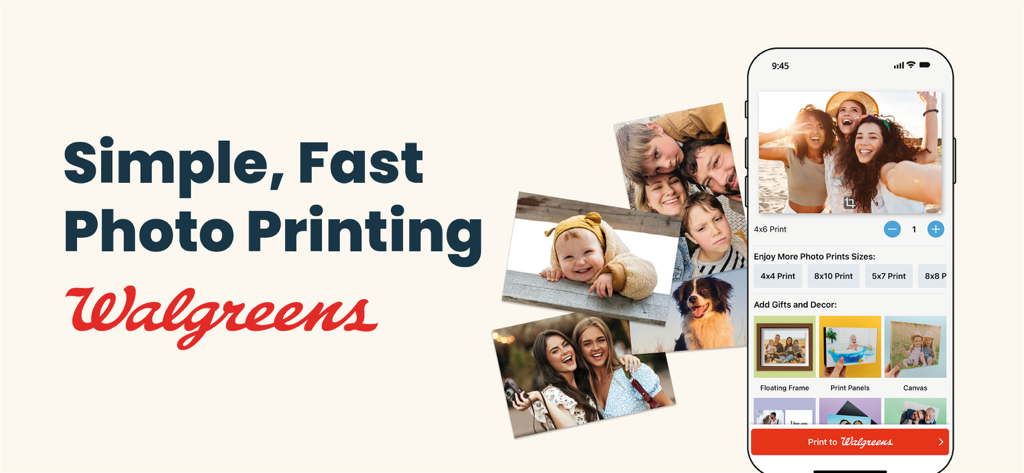 Mobile app interface for Printicular showing photo print sizes and gift options next to the Walgreens logo and printed family photos