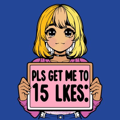 realistic girl holding up a sign that says “pls get me to 15 likes!”