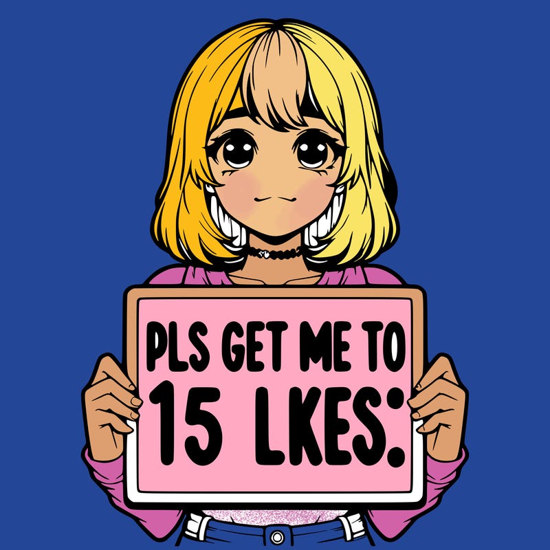 realistic girl holding up a sign that says “pls get me to 15 likes!”