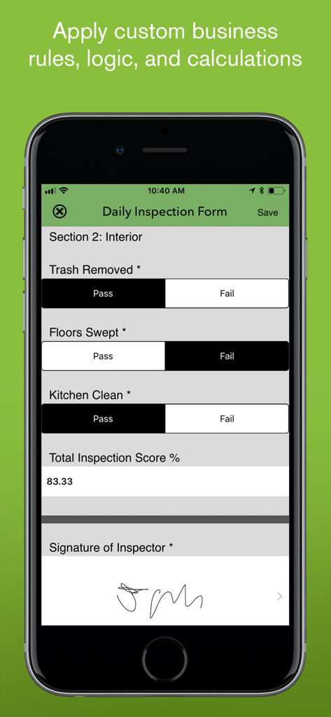 iForm - A mobile interface of the iForm app showing a daily inspection checklist with pass fail options automated scoring and a digital signature field
