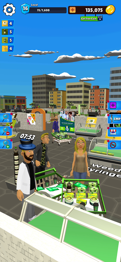 Weed Farm: Drug Dealer Games - Gameplay-Screenshot von Weed Farm Drug Dealer Games, der Charaktere an einem Marktstand zeigt, der Cannabisprodukte in einer städtischen Umgebung verkauft