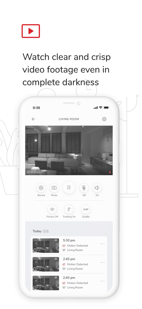 Airtel Xsafe - Airtel Xsafe app interface showing night vision camera footage and motion detection alerts.