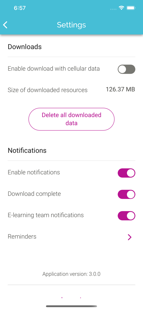 My Learning App - Écran des paramètres de My Learning App avec options de téléchargement et de notification