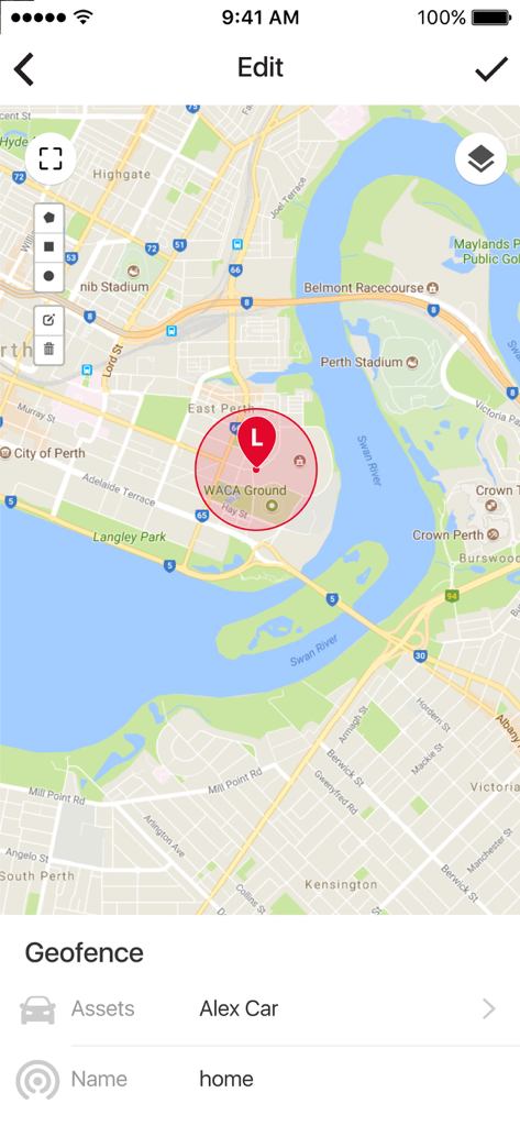AIS Live app displaying a map with a circular geofence for vehicle tracking.