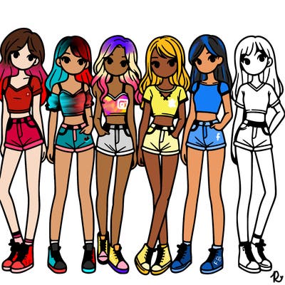 a group of girls wearing crop tops and shorts