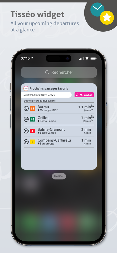 Tisséo: Metro, Tram, Bus - Widget de l'application mobile Tisséo sur iPhone affichant en temps réel les départs de bus, de tramway et de métro à Toulouse.