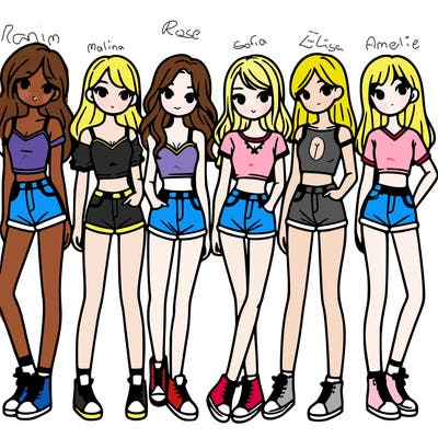 a group of girls wearing crop tops and shorts