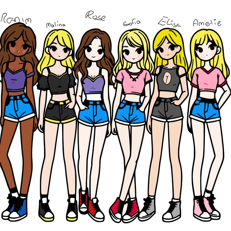 a group of girls wearing crop tops and shorts