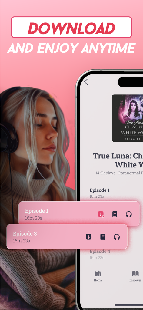 Lovella: Novels & Audiobooks - A woman wearing headphones listening to a romance audiobook on the Lovella mobile app