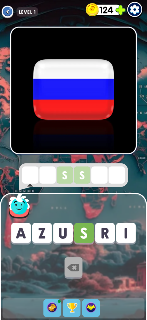 World Flags 2026: Brain Game - World Flags 2026 brain game level 1 featuring the Russian flag and a letter puzzle
