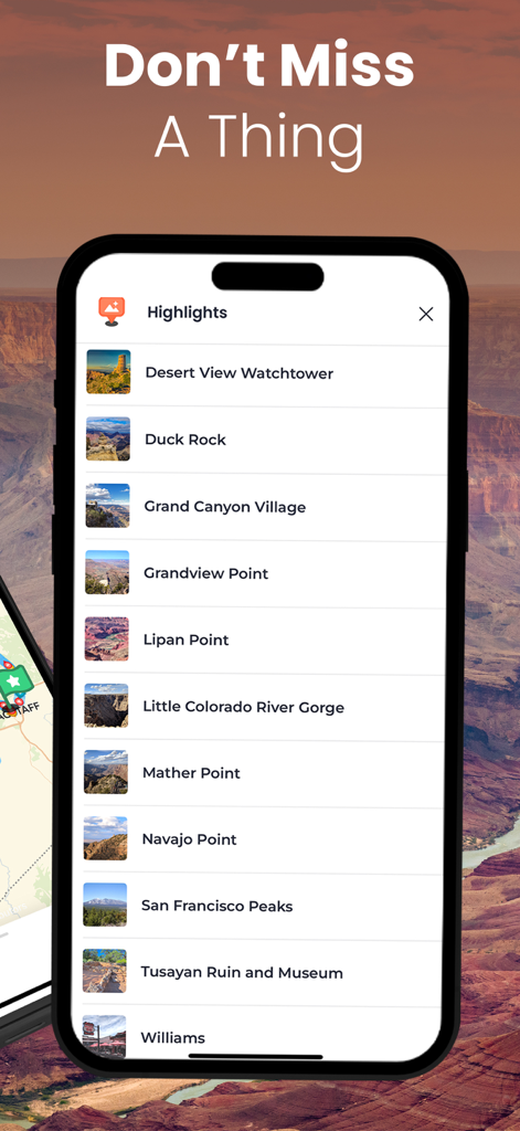 Mobile app screen displaying a list of tour highlights for the Grand Canyon South Rim
