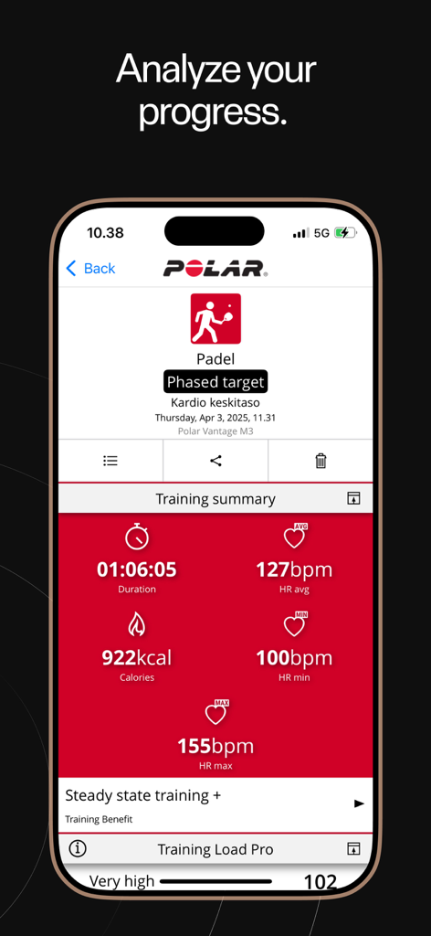 Polar Flow app training summary screen showing heart rate and calorie data for a padel session