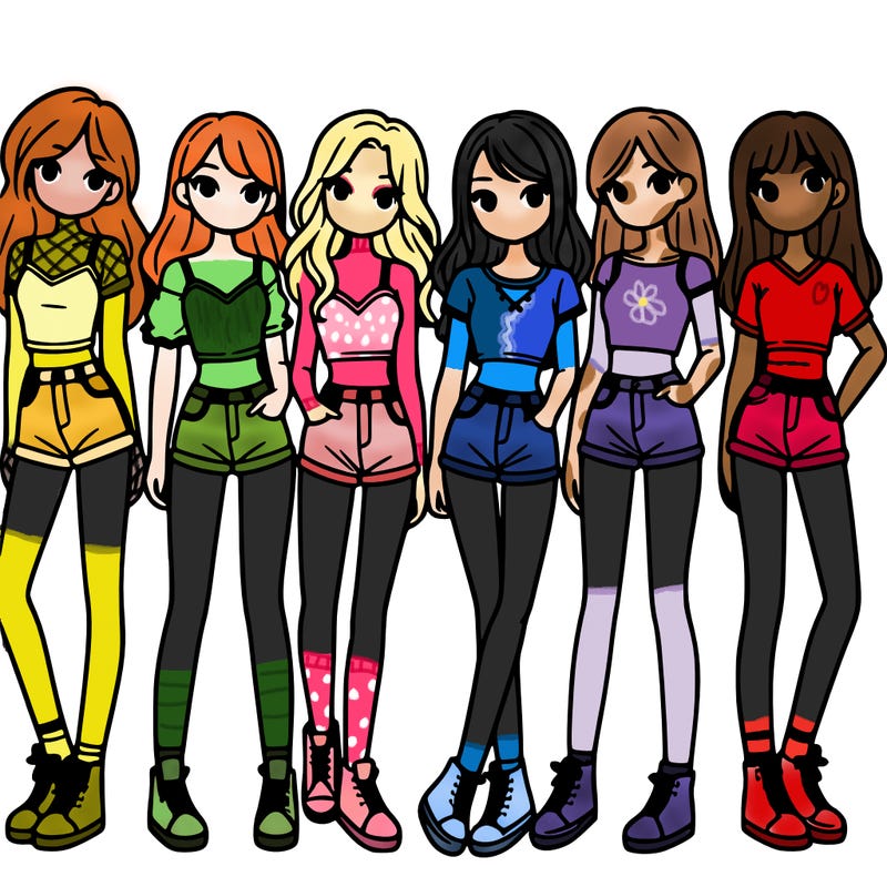 a group of girls wearing crop tops and shorts
