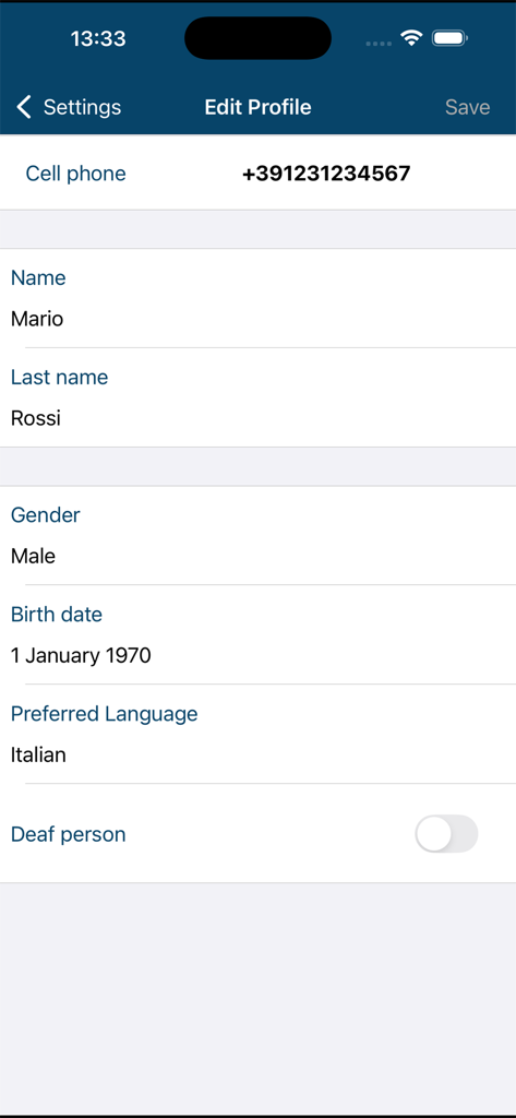 112 Where ARE U - Edit Profile screen in the 112 Where ARE U app showing personal details like name and birth date plus an accessibility toggle for deaf users