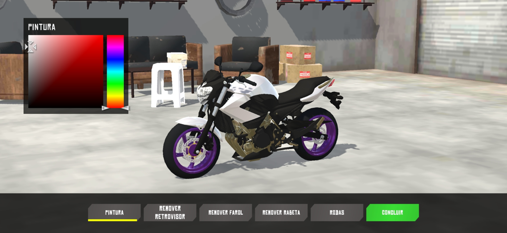 Grau de Motos 3D - Interfaz de personalización de motocicleta en el garaje de Grau de Motos 3D mostrando una moto blanca con ruedas moradas
