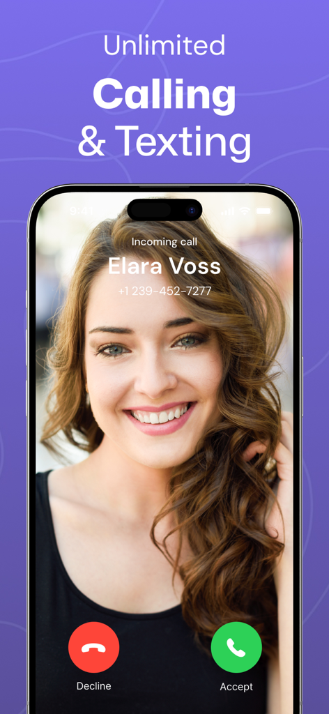 Second Phone Number © 2nd Call - Smartphone screen showing an incoming call interface from the Second Phone Number app.