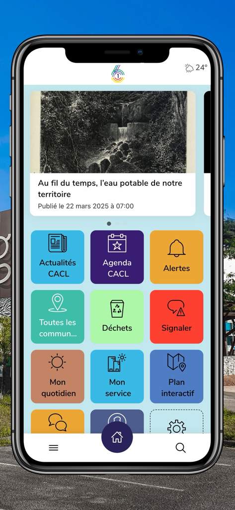 CACL 6-en-1 - Pantalla de inicio de la aplicación CACL 6 en 1 mostrando servicios públicos locales y noticias