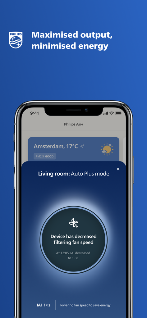 Philips Air Plus App-Oberfläche mit Auto Plus-Modus und Status der Energieeinsparung