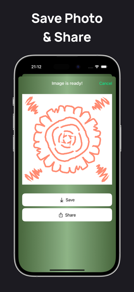 Symmetry Drawing App - A smartphone screen showing options to save and share a symmetrical mandala drawing