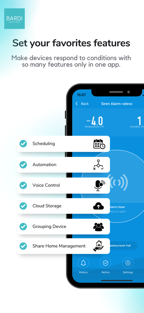 BARDI Smart Home - BARDI Smart Home app interface displaying automation scheduling and voice control features