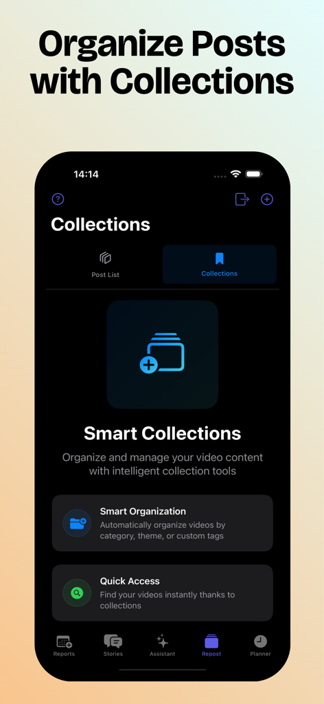 Reports+ Unfollowers Tracker - Interfaccia dell'app Reports plus che visualizza raccolte intelligenti per organizzare post e contenuti video di Instagram