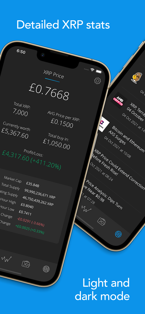 XRP Alerts app interface displaying detailed portfolio statistics, profit and loss, and a news feed in dark mode.
