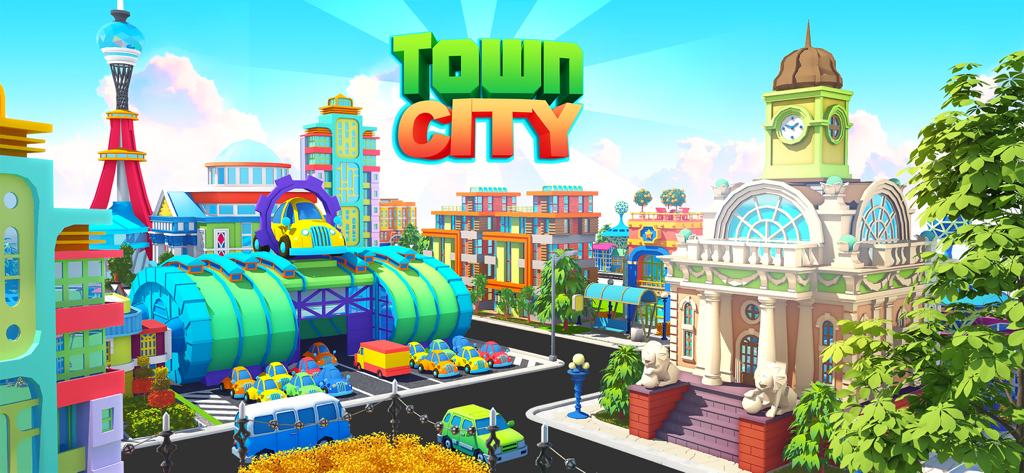 Town City - Building Simulator - A vibrant and colorful city landscape with diverse buildings and vehicles in Town City Building Simulator