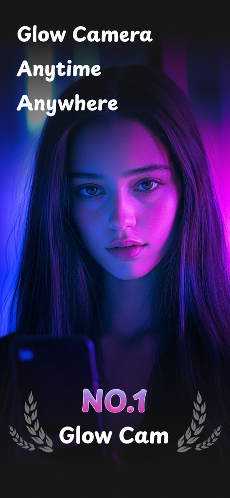GlowCam：Selfie Light Camera - A woman with vibrant pink and blue gradient lighting on her face using the GlowCam selfie app