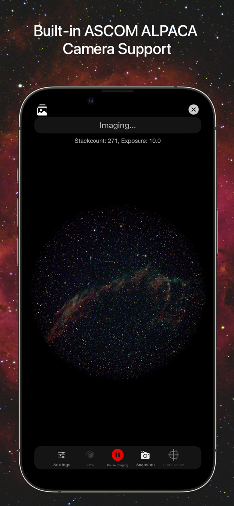 SkySafari 8 Pro - SkySafari 8 Pro mobile interface showing real-time deep sky imaging with ASCOM ALPACA camera support