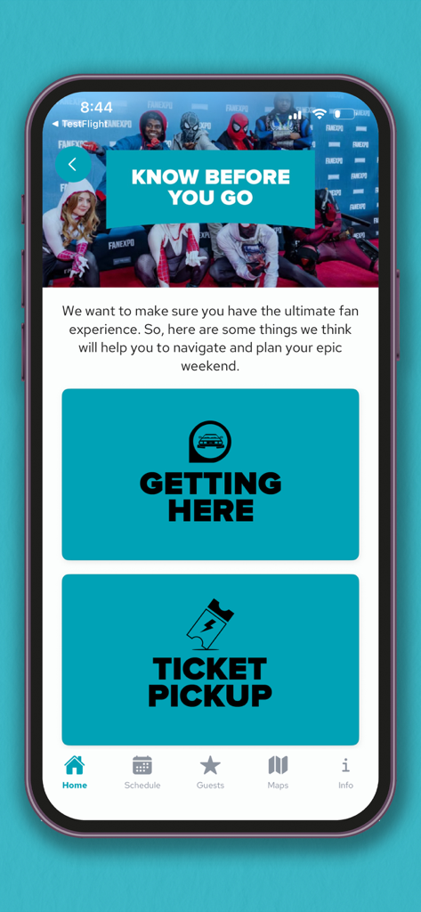 Interfaz de la aplicación móvil Fan Expo Vancouver que muestra la sección Conoce Antes de Ir con enlaces para transporte y recogida de entradas.