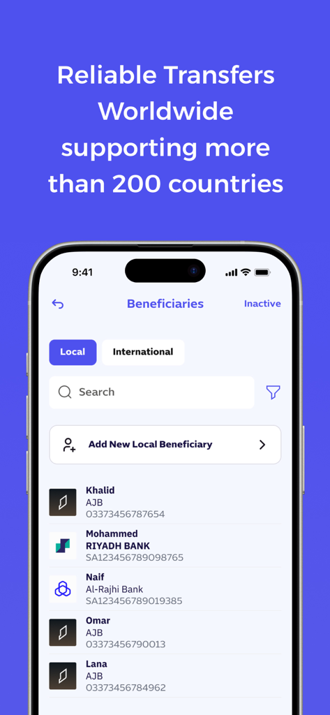 Fawri App - Fawri App interface for managing local and international money transfer beneficiaries.