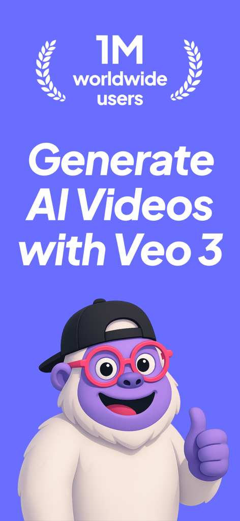 PhotoBase app promo screen for generating AI videos with Veo 3 featuring a purple cartoon mascot and a 1M users milestone