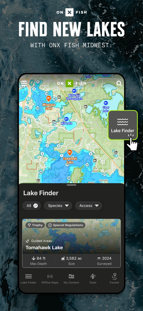 onX Fish Midwest Lake Finder app interface showing a map of lakes and detailed data for Tomahawk Lake including max depth and size.