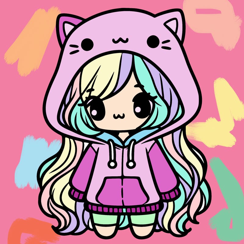 cute girl, cat hoodie, long hair