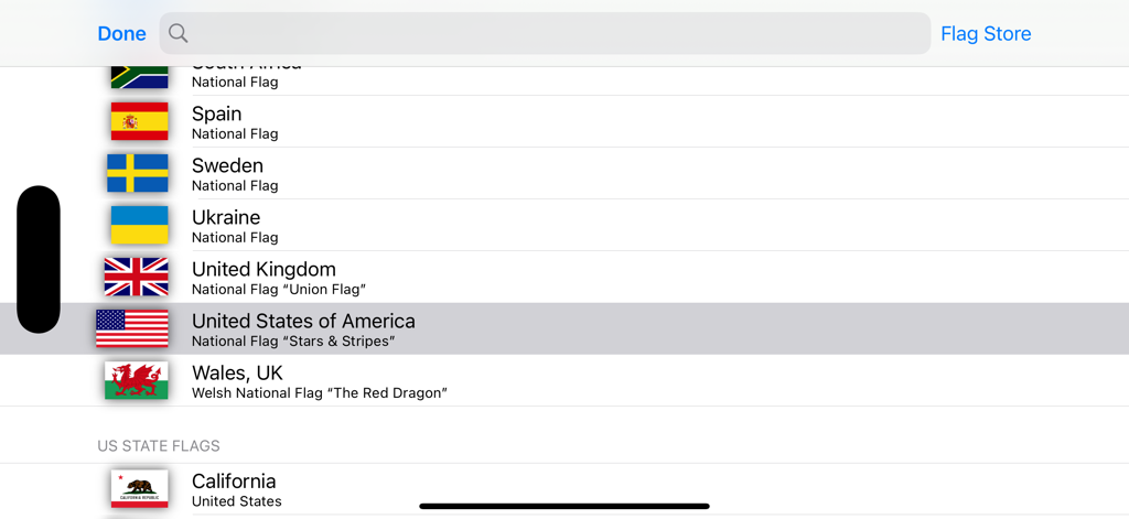FlagWaver - A list of national and state flags within the FlagWaver app menu