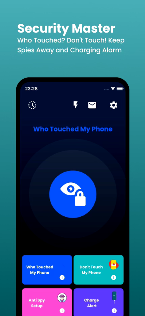Main interface of the Who Touched My Phone Guardian app showing security features like intruder detection and motion alarm