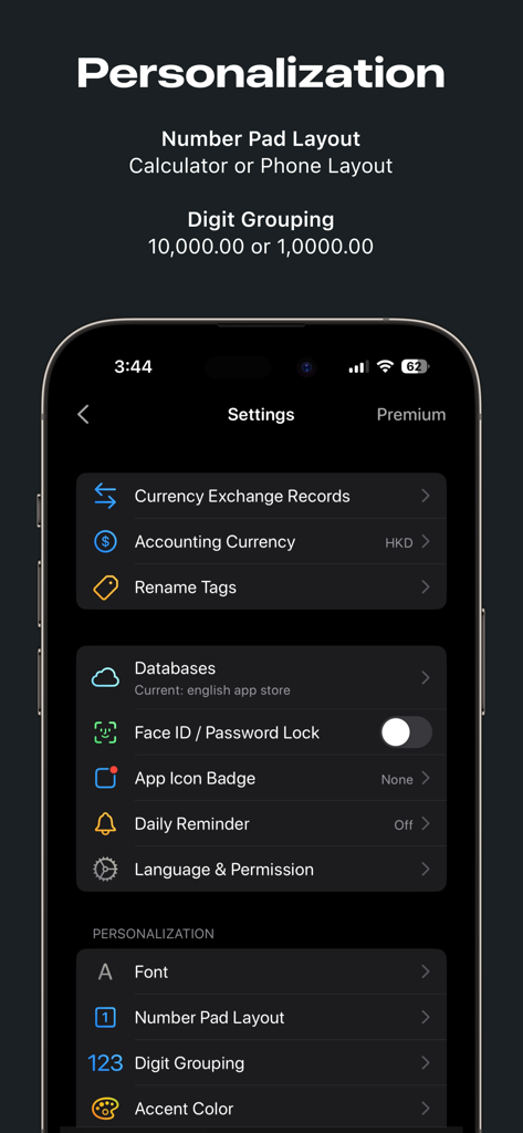 Money Zen: Expense Tracker - Money Zen app settings screen showcasing personalization features like number pad layout and digit grouping