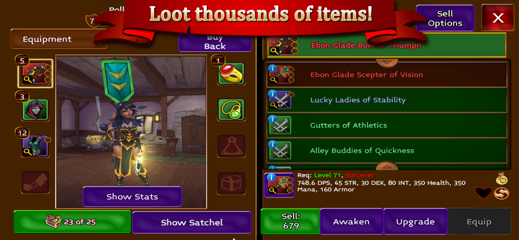 Arcane Legends MMORPG - Arcane Legends inventory screen showing character equipment and a list of collected loot items