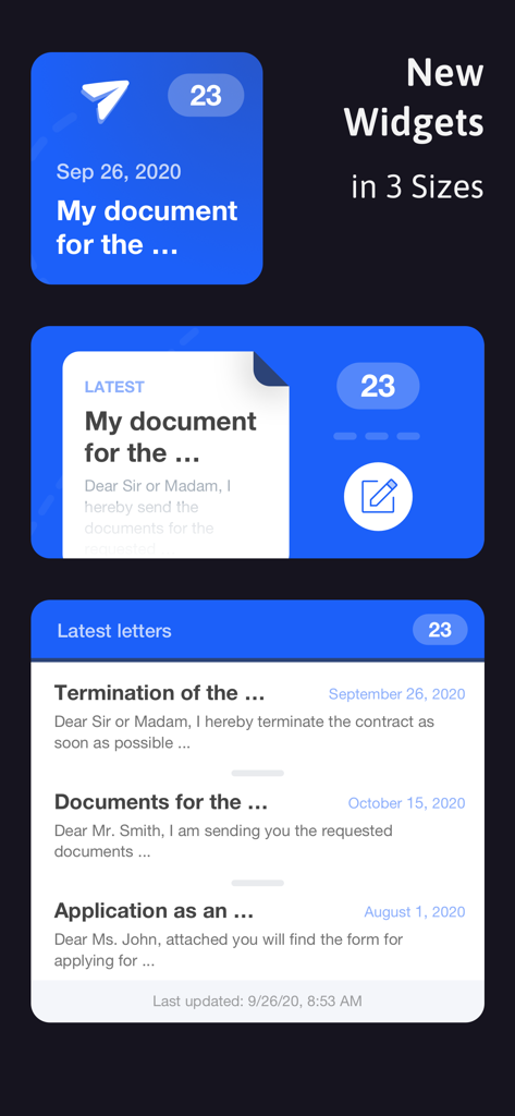 EasyLetter app home screen widgets in three different sizes showing document status and recent letters.