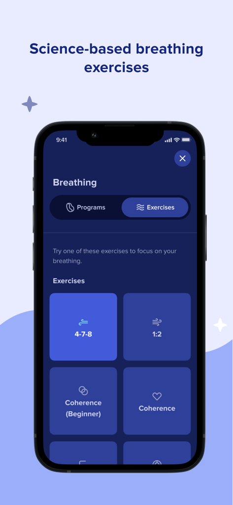 Somnox: Breathe, Relax, Sleep - Somnox app interface showing science-based breathing exercises including the 4-7-8 and coherence methods for relaxation.