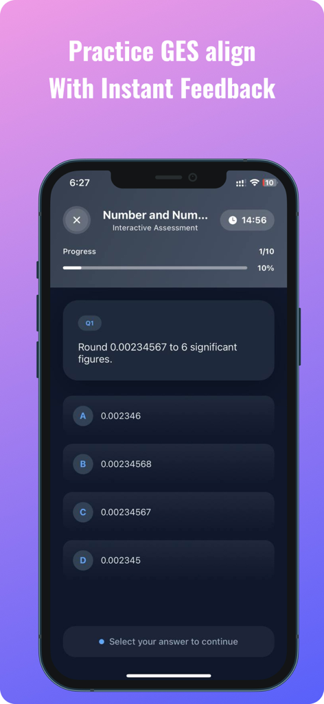 EduMate GH – GES AI Study App - EduMate GH app interactive quiz interface showing a math question about significant figures with multiple choice options