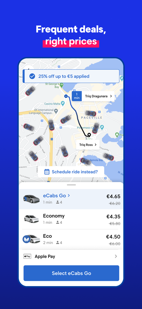eCabs: Request a Ride - A screenshot of the eCabs app interface showing a map of Malta with nearby drivers and various vehicle options with discounted prices.