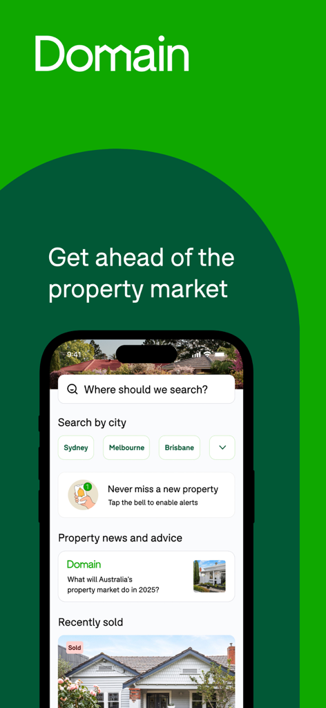 Domain real estate app interface showing property search filters for Australian cities and market news