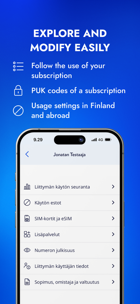 OmaElisa mobile app interface showing subscription management options including usage tracking and PUK codes