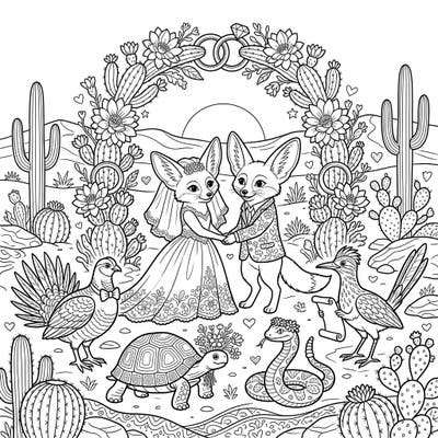 Celebrate a heartwarming desert wedding with this unique coloring page featuring charming fennec foxes as the happy couple. Surround them with vibrant colors as other desert animals join the joyful ceremony.